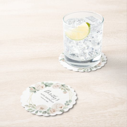 90thバースデーパーティーホワイトローズフローラカスタム ペーパーコースター (インサイチュ)