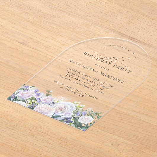 90thバースデーパーティーホワイトローズブルーフローラアーチ アクリル招待状 (レイダウン)