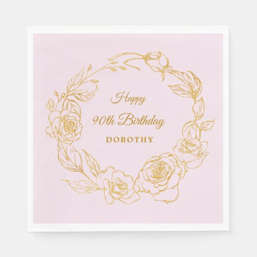 90thバースデーパーティールックス金ゴールドバラピンクカクテル スタンダードランチョンナプキン (正面)