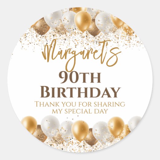 90thバースデーパーティー金ゴールドシルバーありがとう ラウンドシール (正面)