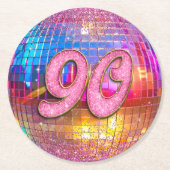 90thバースデーパーティー金ゴールドピンクグリッターディスコボール ラウンドペーパーコースター (正面)