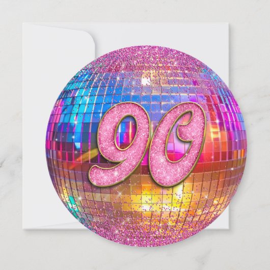 90thバースデーパーティー金ゴールドピンクグリッターディスコボール 招待状 (裏面)