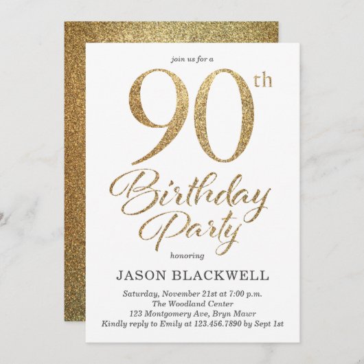 90thバースデーパーティー金ゴールド招待状 招待状 (正面/裏面)