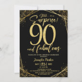 90thバースデーパーティー90素晴らしいブラック金ゴールドグリッター 招待状 (正面)