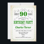90thバースデーパーティー – レトロクリーミーホワイトとグリーン 招待状<br><div class="desc">90th誕生日パーティーの招待男性へまたは女性。緑と白エレガントのレトロなデザインとヴィンテージクリーミーな背景。Festuresスタイリッシュタイポグラフィスクリプトフォント。応援90年！どのパーソナライズされた年齢にも対応。マイルストーンの大人の毎日お祝いに最適。</div>