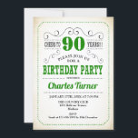 90thバースデーパーティー – レトロクリーミーホワイトとグリーン 招待状<br><div class="desc">90th誕生日パーティーの招待男性へまたは女性。緑と白エレガントのレトロなデザインとヴィンテージクリーミーな背景。Festuresスタイリッシュタイポグラフィスクリプトフォント。応援90年！どのパーソナライズされた年齢にも対応。マイルストーンの大人の毎日お祝いに最適。</div>