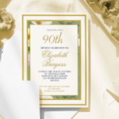 90THフォトグリーン金ゴールドフローラエレガント誕生日 招待状