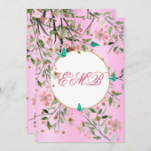 90thフローラピンクシックモノグラムエレガント誕生日 招待状 (正面/裏面)