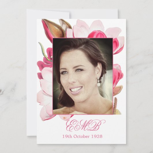 90thフローラピンク春エレガントフォト誕生日 招待状 (裏面)