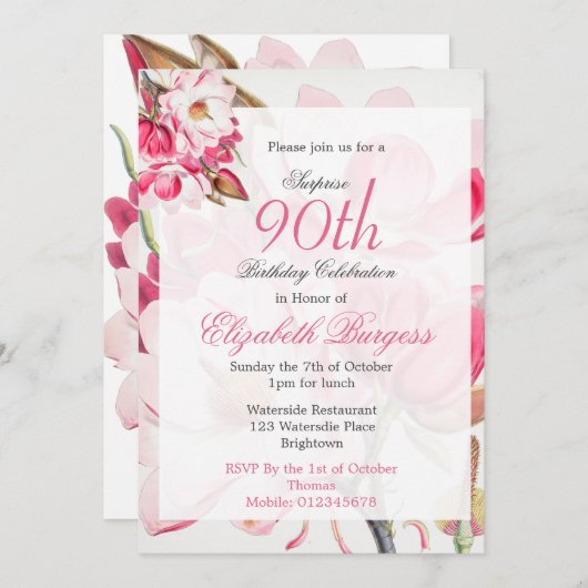 90thフローラピンク春エレガントフォト誕生日 招待状 (正面/裏面)
