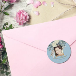 90thフローラブルー金ゴールドエレガントフォト誕生日 ラウンドシール