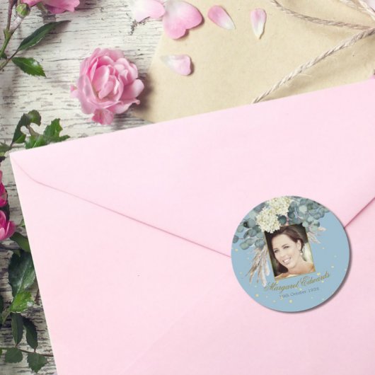 90thフローラブルー金ゴールドエレガントフォト誕生日 ラウンドシール