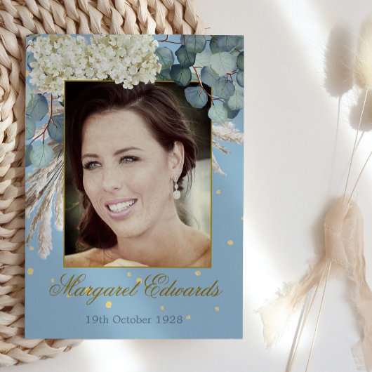 90thフローラブルー金ゴールドエレガントフォト誕生日 招待状