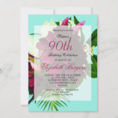 90THブルークリームフローラエレガントモダン誕生日 招待状 (正面)