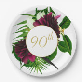 90THブルー金ゴールドフローラモダン誕生日 ペーパープレート (正面)