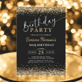 90thモダンブラック金ゴールドグリッター誕生日任意の年齢 招待状