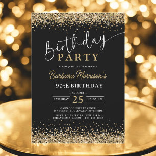 90thモダンブラック金ゴールドグリッター誕生日任意の年齢 招待状