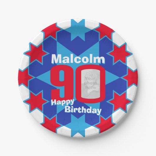 90th誕生日の写真名blue star紙プレート ペーパープレート (正面)