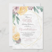90th誕生日エレガントピンクマーブルフローラシック 招待状 (正面)
