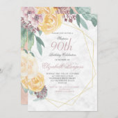 90th誕生日エレガントピンクマーブルフローラシック 招待状 (正面/裏面)