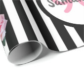 90th誕生日シックなピンクのバラ白黒ストライプ ラッピングペーパー (ロールコーナー)