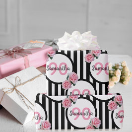 90th誕生日シックなピンクのバラ白黒ストライプ ラッピングペーパー