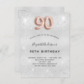 90th誕生日シルバーメタルバラ金ゴールドグリッター インビテーションポストカード (正面/裏面)