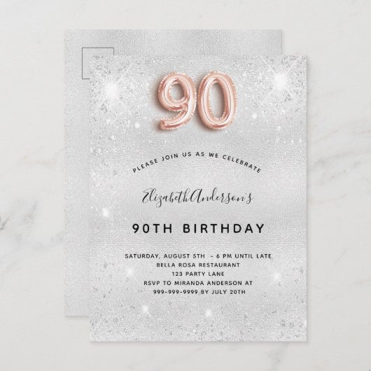 90th誕生日シルバーメタルバラ金ゴールドグリッター インビテーションポストカード (正面/裏面)