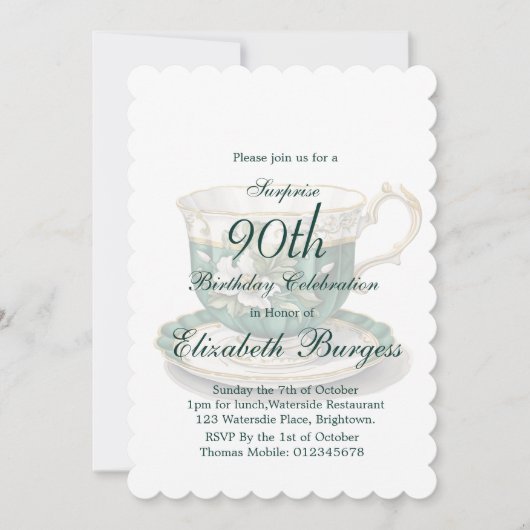 90th誕生日ティーパーティーグリーンリージェンシー誕生日 招待状 (正面)