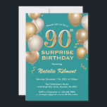 90th誕生日ティール（緑がかった色）と金ゴールドバルーン 招待状<br><div class="desc">サプライズ90誕生日ティール（緑がかった色）と金ゴールドグリッターバルーン誕生日招待状。さらにカスタマイクリックズを行う場合はカスタマイズ、「IT」ボタンをクリックし、このテンプレートを変更するために当社のデザインツールを使用する。</div>