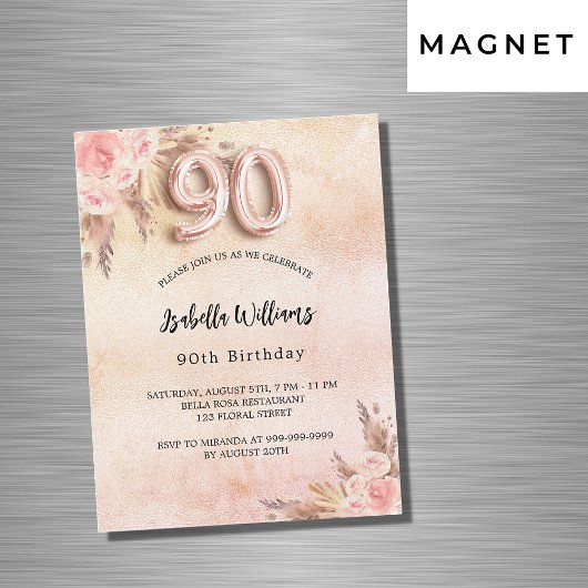 90th誕生日パンパスグラスバラ金ゴールドフローラ マグネット招待状