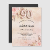 90th誕生日パンパスグラスバラ金ゴールドフローラ マグネット招待状 (正面/裏面)