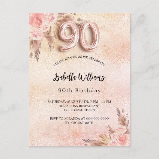 90th誕生日パンパスグラスバラ金ゴールド花boho インビテーションポストカード (正面)