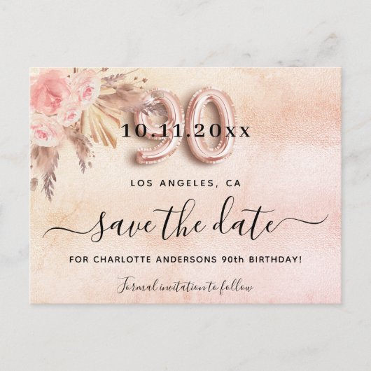 90th誕生日パンパバラ花模様日付を保存 案内ポストカード (正面)