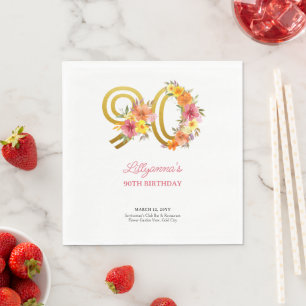 90th誕生日パーティかわいらしフローラ金ゴールド番号90 スタンダードランチョンナプキン