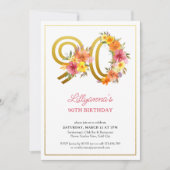 90th誕生日パーティかわいらしフローラ金ゴールド番号90 招待状 (正面)