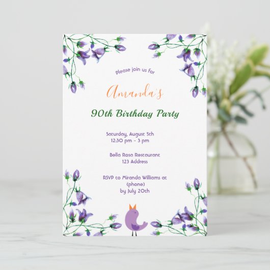 90th誕生日パーティスミレ花模様ブルーベルホワイト 招待状 (スタンド正面)