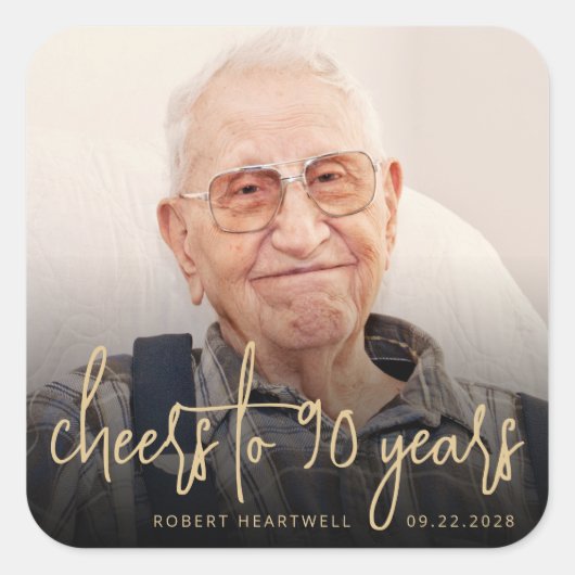 90th誕生日パーティフォト応援金ゴールドスクリプト スクエアシール (正面)