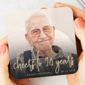 90th誕生日パーティフォト応援金ゴールドスクリプト スクエアペーパーコースター