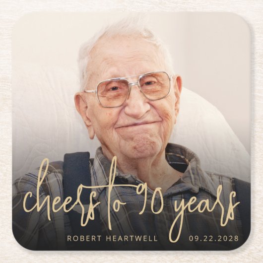 90th誕生日パーティフォト応援金ゴールドスクリプト スクエアペーパーコースター (正面)