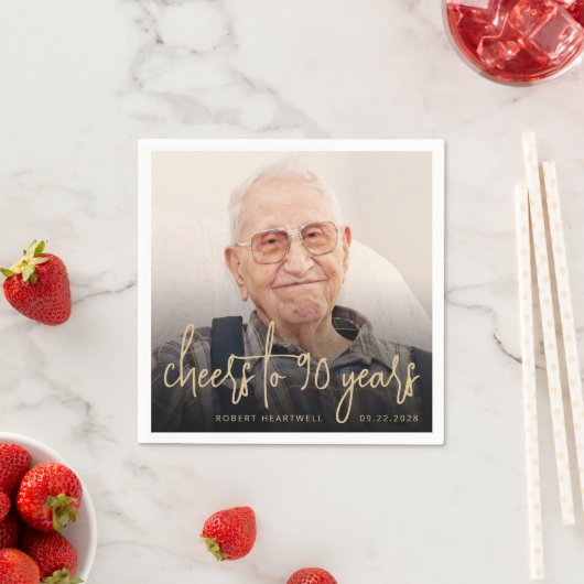 90th誕生日パーティフォト応援金ゴールドスクリプト スタンダードカクテルナプキン (インサイチュ)