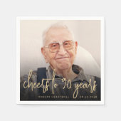 90th誕生日パーティフォト応援金ゴールドスクリプト スタンダードカクテルナプキン (正面)