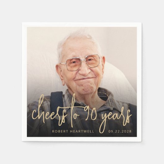 90th誕生日パーティフォト応援金ゴールドスクリプト スタンダードカクテルナプキン (正面)