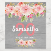 90th誕生日パーティーグレーのウッドピンクの花模様素朴 ワインラベル (シングルラベル)