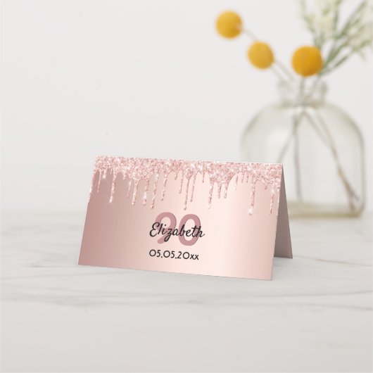 90th誕生日パーティーバラ金ゴールドグリッターピンクのスパークル プレイスカード (正面)