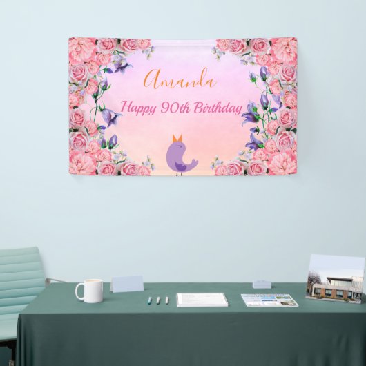 90th誕生日パーティーピンクバイオレットガーデン花模様 横断幕 (トレードショー)
