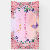 90th誕生日パーティーピンクバイオレットガーデン花模様 横断幕 (縦)