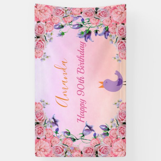 90th誕生日パーティーピンクバイオレットガーデン花模様 横断幕 (縦)