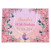 90th誕生日パーティーピンクパープル花模様名 ラージペーパーバッグ (正面)