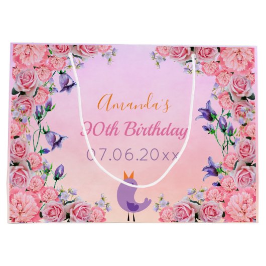 90th誕生日パーティーピンクパープル花模様名 ラージペーパーバッグ (裏面)